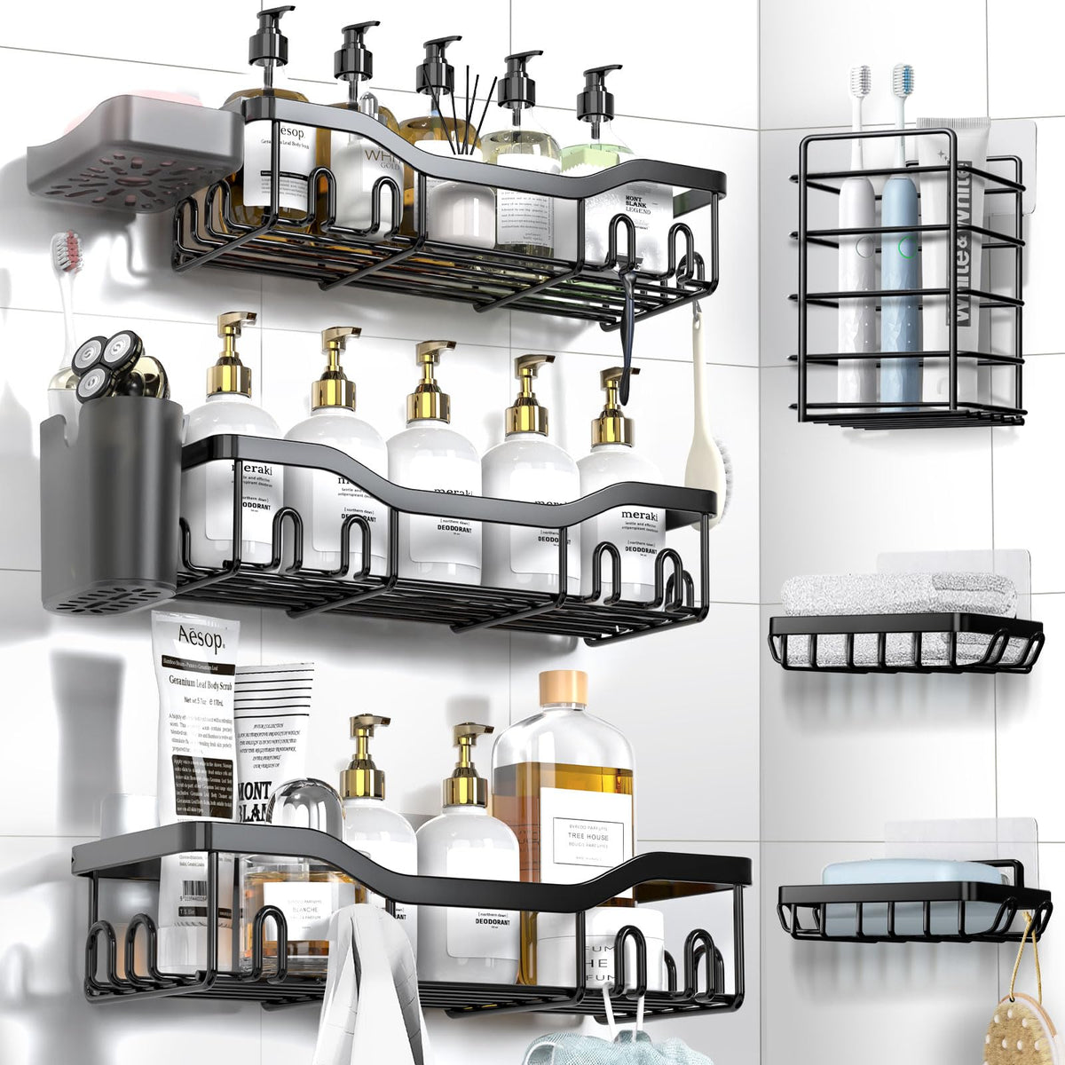 NESOMI 7-Pack Shower Caddy Adhesive – Thoughtful Holiday Gift for Mom with Coordinated 8-Piece Bathroom Set