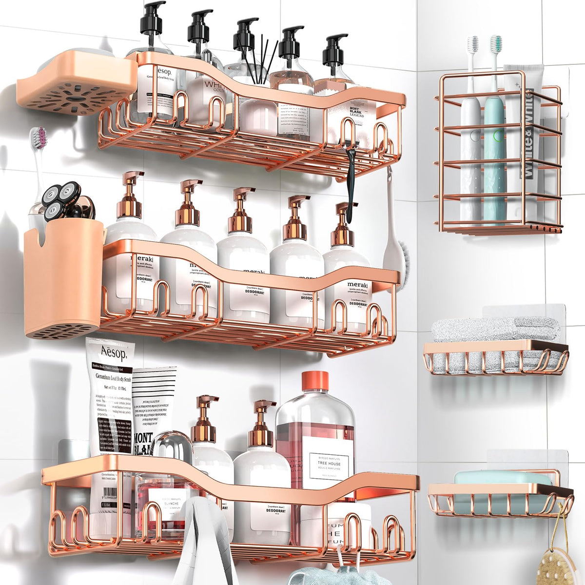 NESOMI 7-Pack Shower Caddy Adhesive – Thoughtful Holiday Gift for Mom with Coordinated 8-Piece Bathroom Set