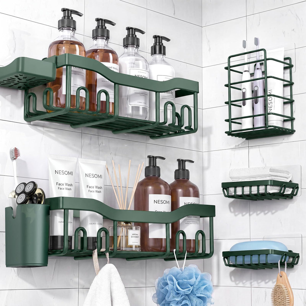 NESOMI 7-Pack Shower Caddy Adhesive – Thoughtful Holiday Gift for Mom with Coordinated 8-Piece Bathroom Set