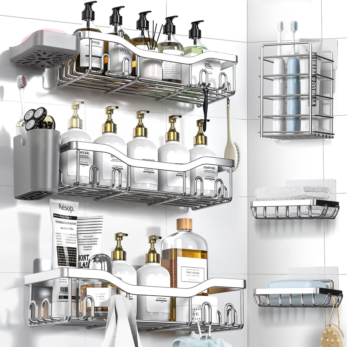 NESOMI 7-Pack Shower Caddy Adhesive – Thoughtful Holiday Gift for Mom with Coordinated 8-Piece Bathroom Set