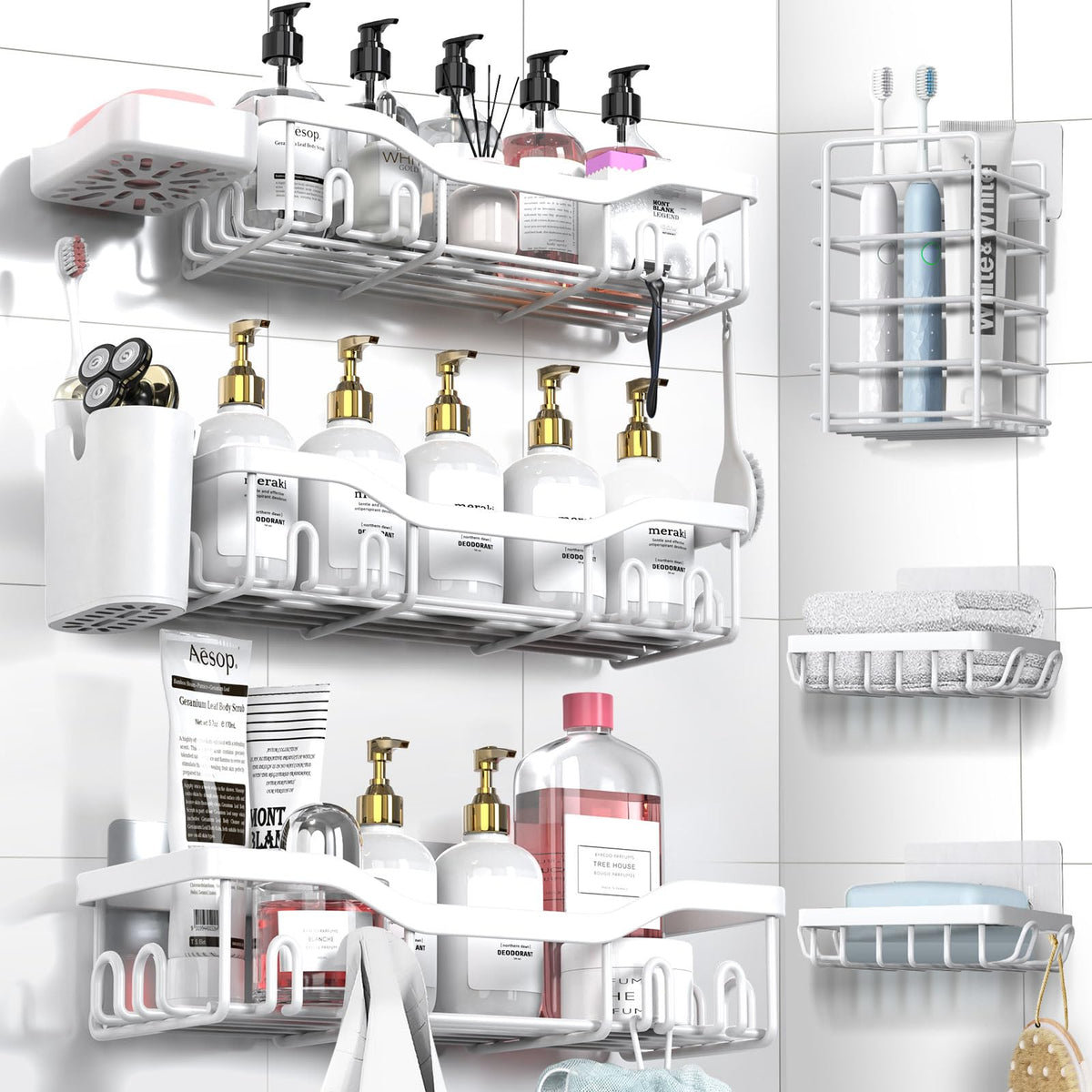 NESOMI 7-Pack Shower Caddy Adhesive – Thoughtful Holiday Gift for Mom with Coordinated 8-Piece Bathroom Set
