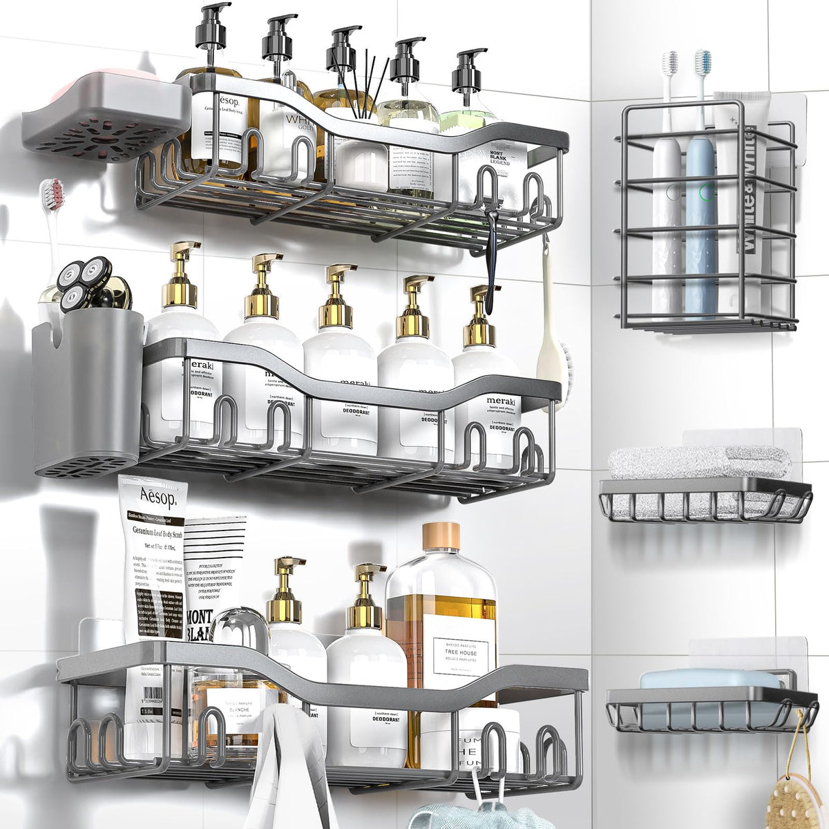 NESOMI 7-Pack Shower Caddy Adhesive – Thoughtful Holiday Gift for Mom with Coordinated 8-Piece Bathroom Set