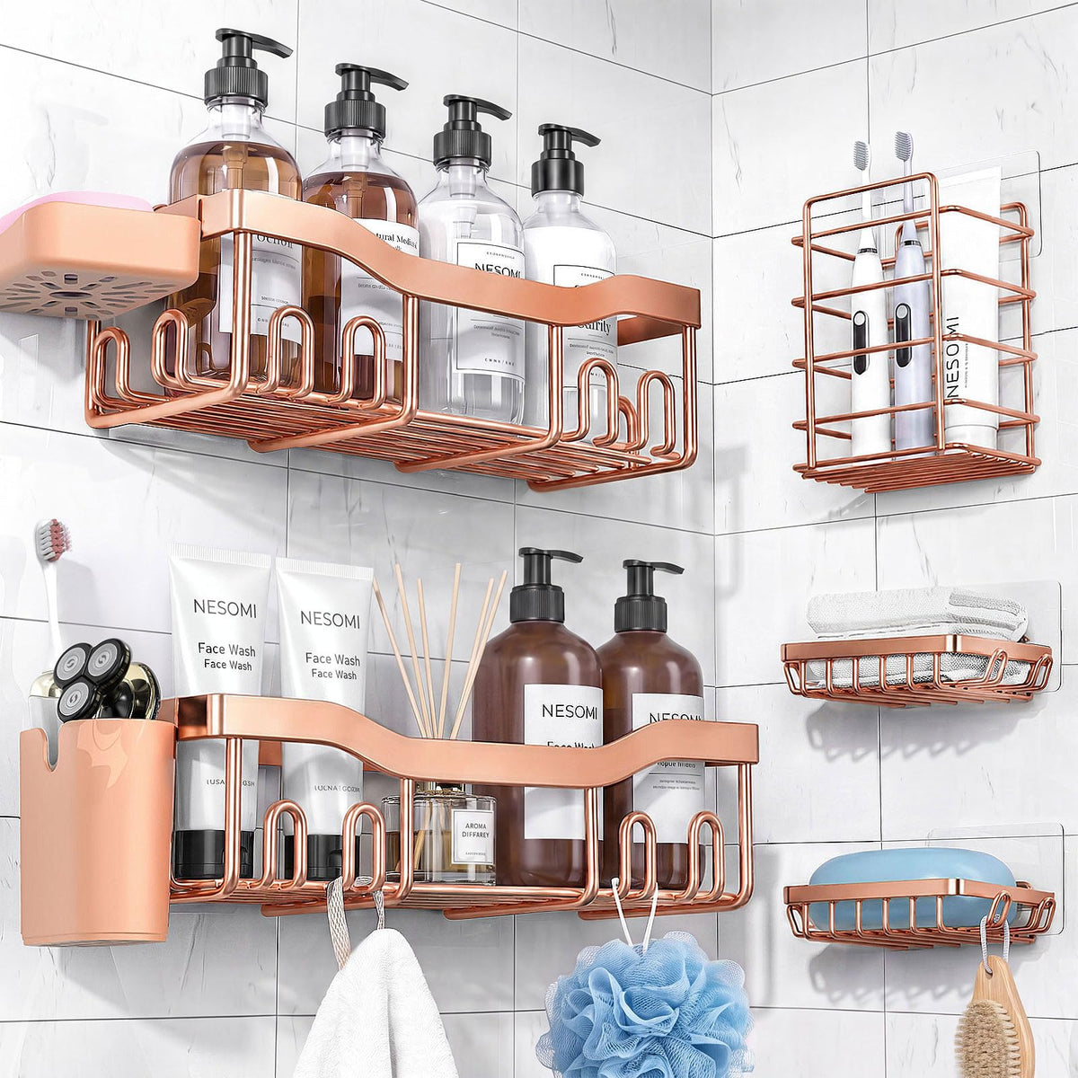 NESOMI 7-Pack Shower Caddy Adhesive – Thoughtful Holiday Gift for Mom with Coordinated 8-Piece Bathroom Set