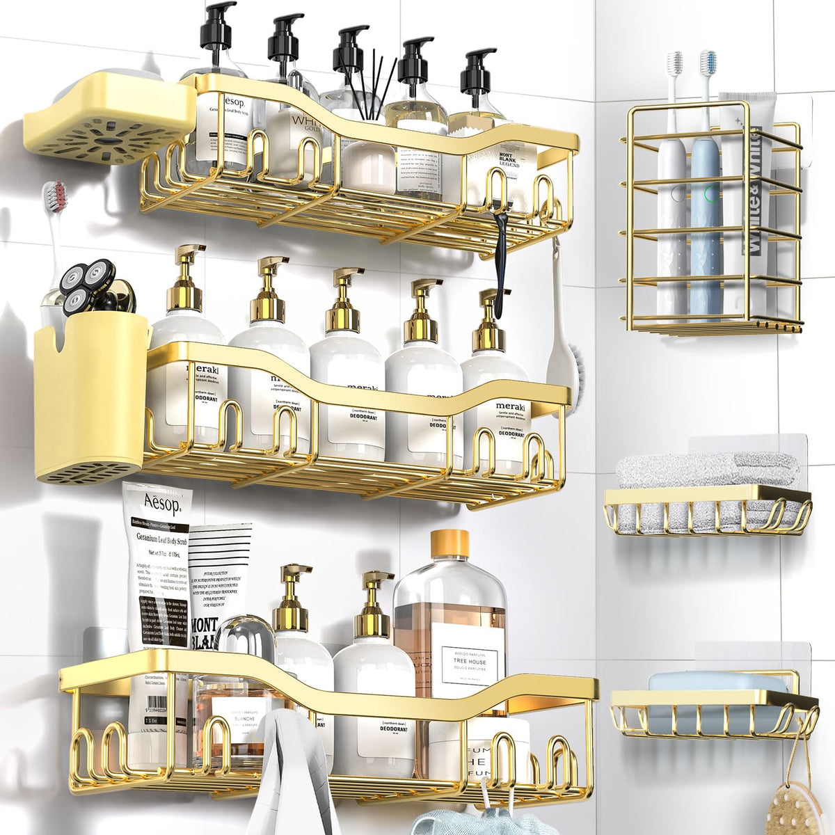 NESOMI 7-Pack Shower Caddy Adhesive – Thoughtful Holiday Gift for Mom with Coordinated 8-Piece Bathroom Set