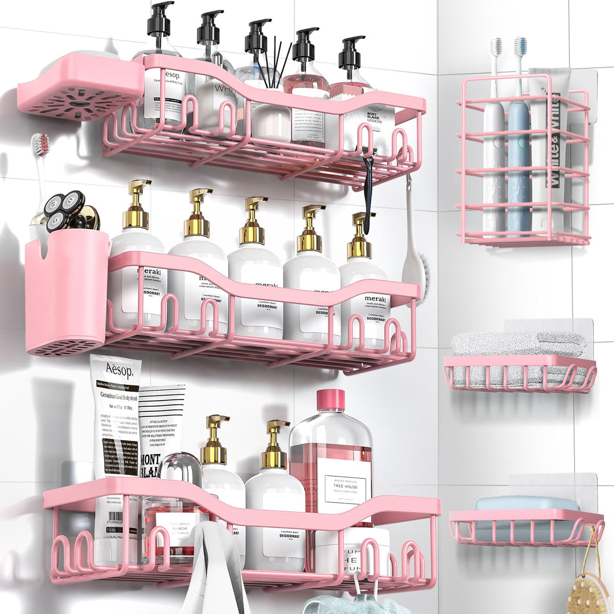 NESOMI 7-Pack Shower Caddy Adhesive – Thoughtful Holiday Gift for Mom with Coordinated 8-Piece Bathroom Set