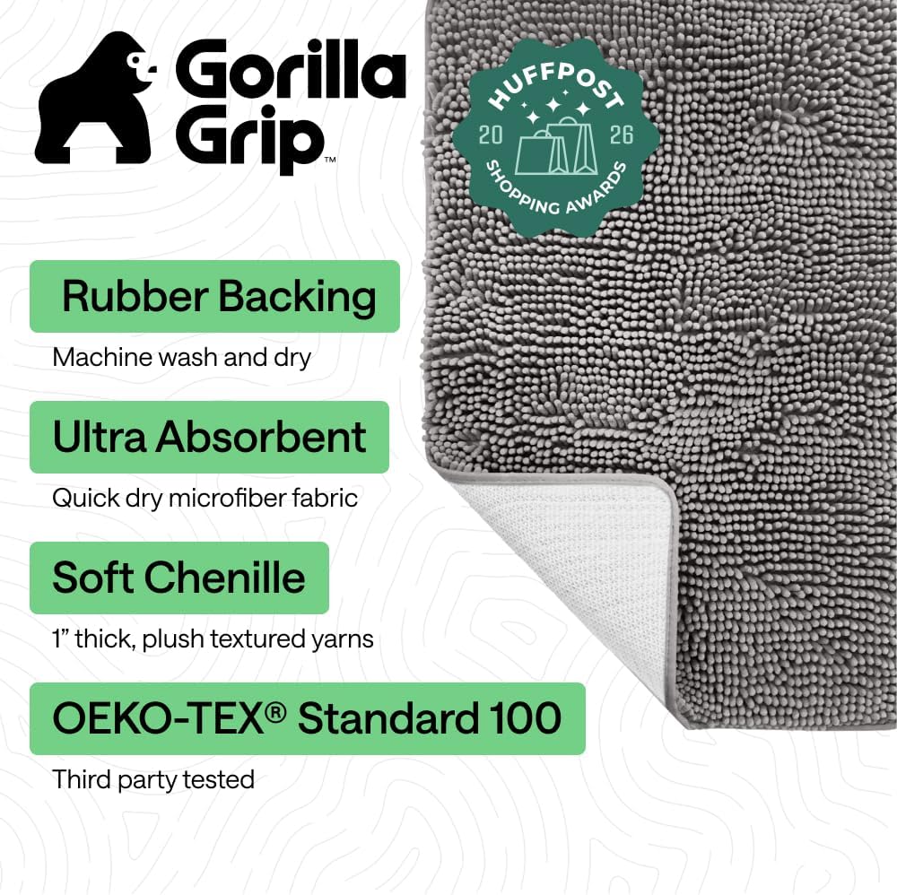 GORILLA GRIP Chenille Bath Mat – Family-Safe Non-Toxic Bathroom Floor Covering with TPR Grip Backing