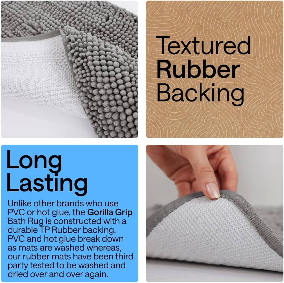 GORILLA GRIP Chenille Bath Mat – Family-Safe Non-Toxic Bathroom Floor Covering with TPR Grip Backing