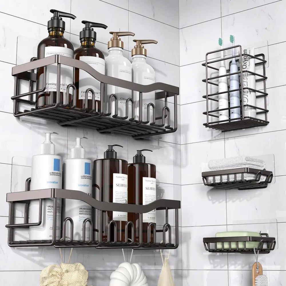 EUDELE Adhesive Shower Caddy, Minimalist Bathroom Storage Set Clean Lines No-Drill Stainless Steel - Dark Brown