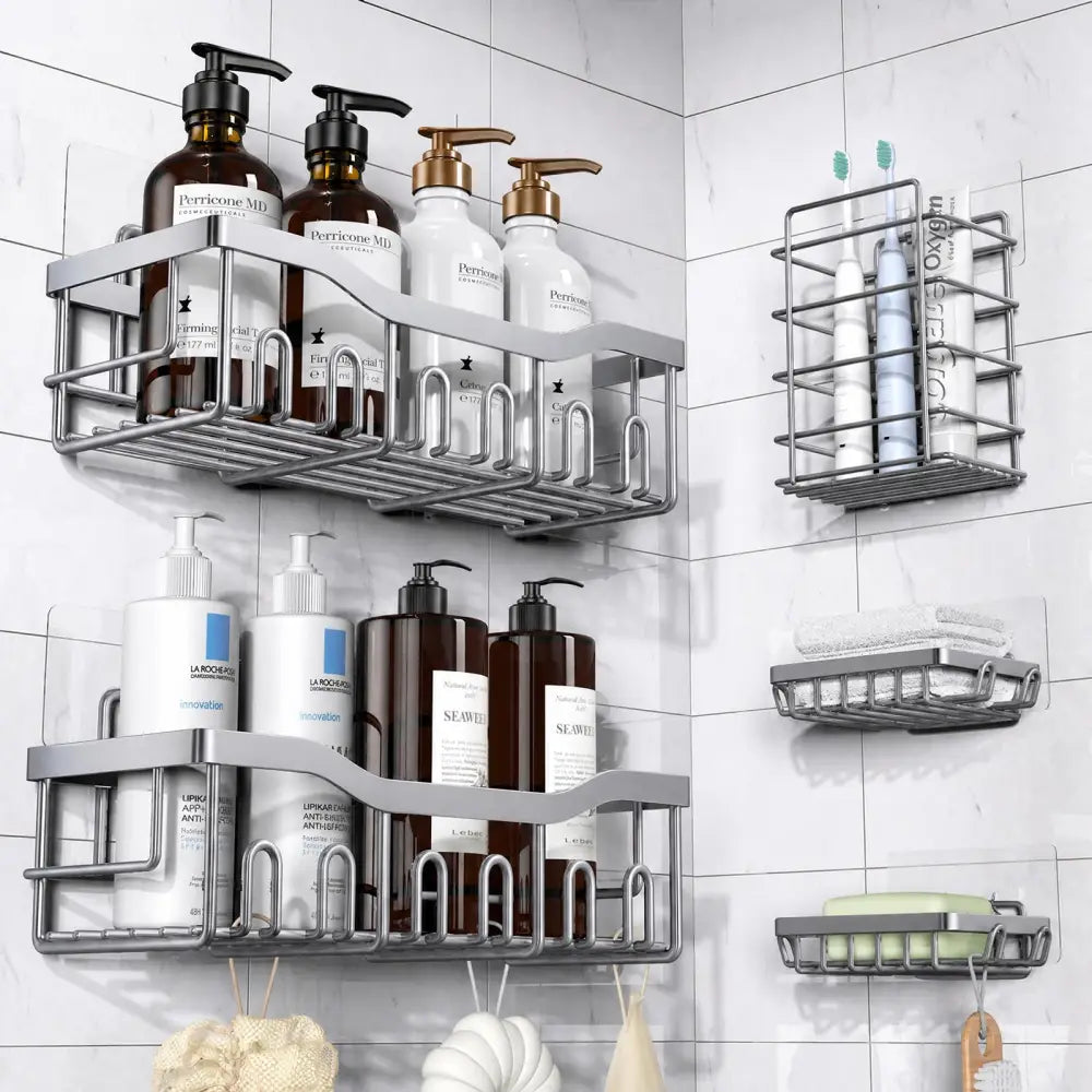 EUDELE Adhesive Shower Caddy, Minimalist Bathroom Storage Set Clean Lines No-Drill Stainless Steel - Silver Gray