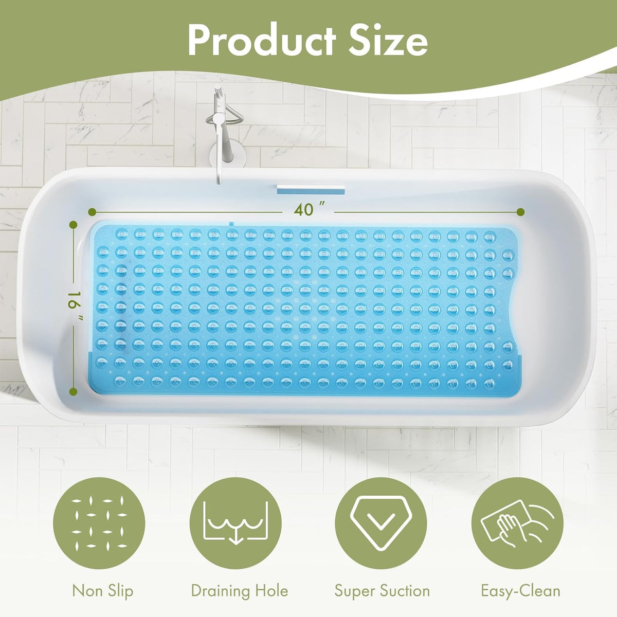 AmazerBath Shower Mat Non Slip 40 x 16 Inches, 16 Color Bath Mat for Bathroom Decor and Style Coordination, Clear Blue