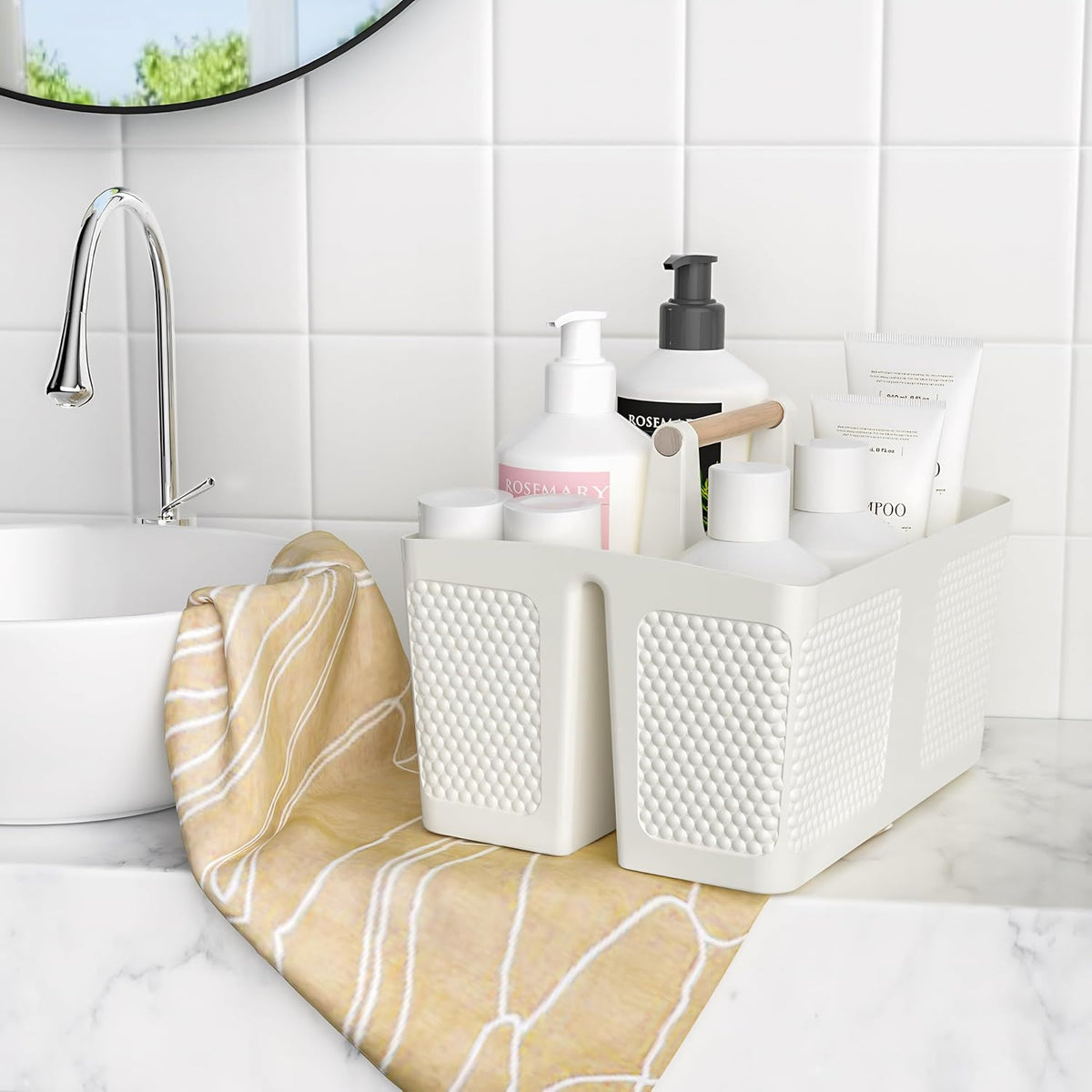 [Brand] Three-Compartment Caddy – Designer Bathroom Storage in Neutral Tones