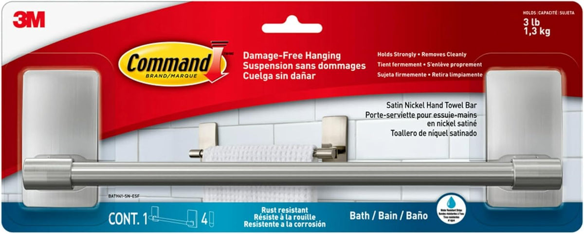 Command Satin Nickel Hand Towel Bar – Thoughtful Housewarming Gift for New Homeowners and Apartment Movers