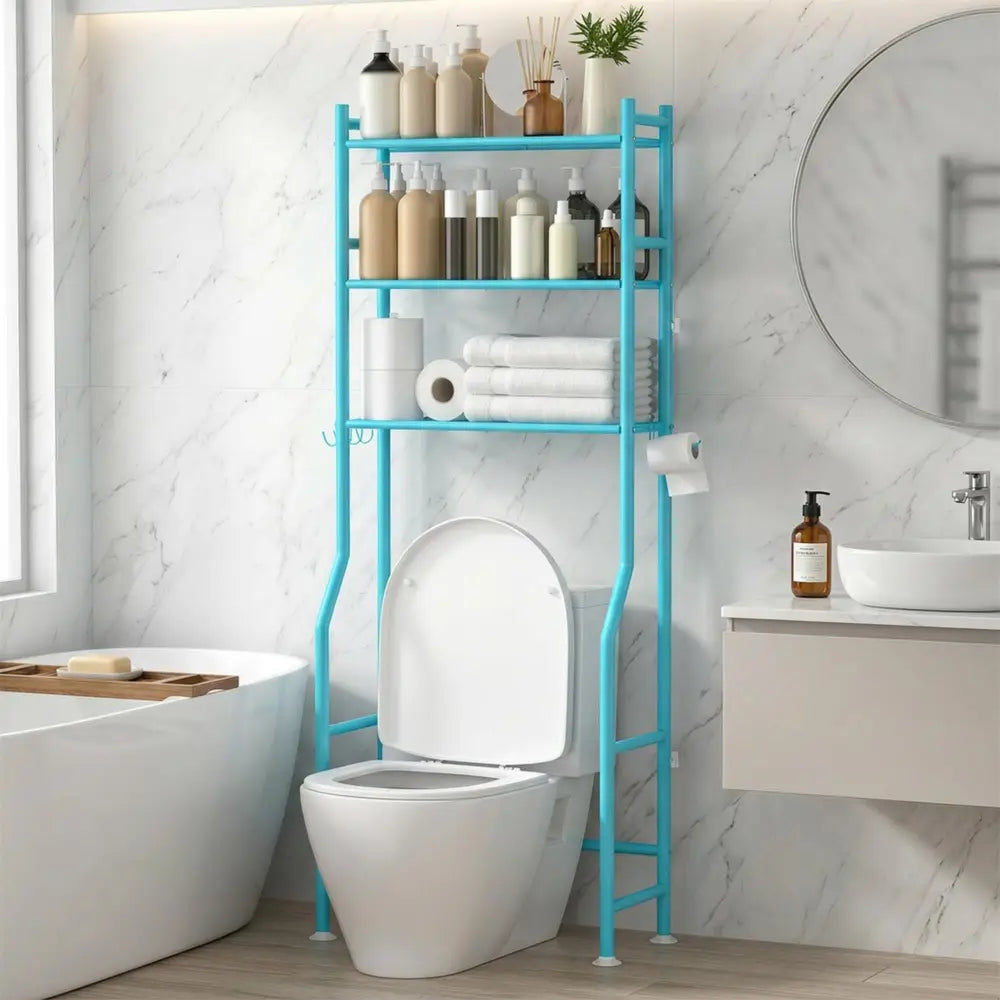 GloTika Over Toilet Organizer – First-Home Move-In Gift for Couples Setting Up a Shared Bathroom - Blue - 3-Tier