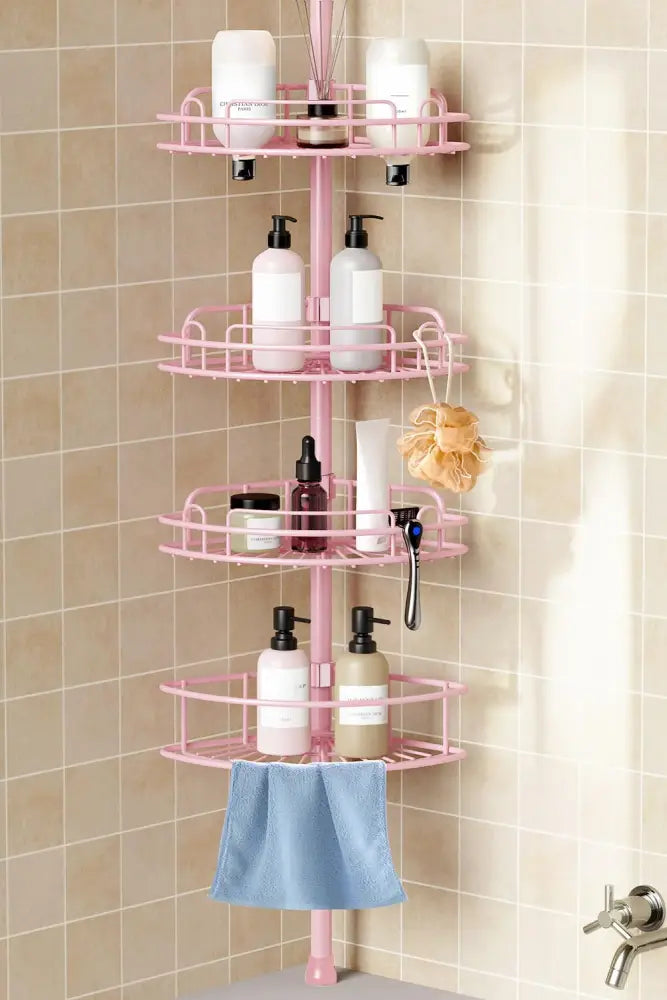 HAMITOR Tension Pole Corner Shelf – Stable 4-Tier Bathroom Organizer with Non-Tipping Base Under 20–22 lb Loads - Pink