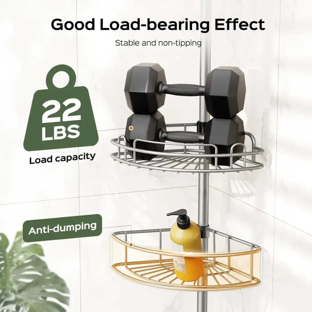 HAMITOR Tension Pole Corner Shelf – Stable 4-Tier Bathroom Organizer with Non-Tipping Base Under 20–22 lb Loads