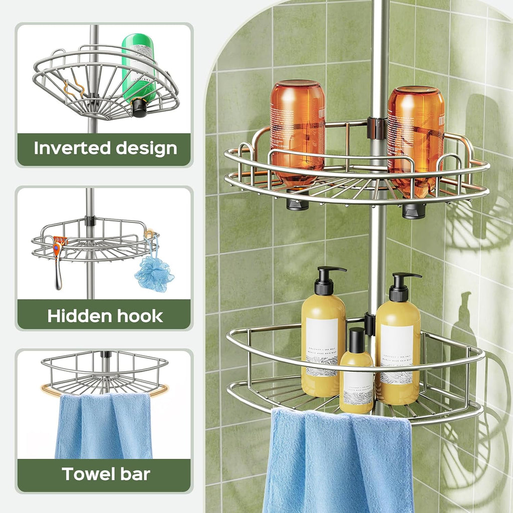 HAMITOR Tension Pole Corner Shelf – Stable 4-Tier Bathroom Organizer with Non-Tipping Base Under 20–22 lb Loads