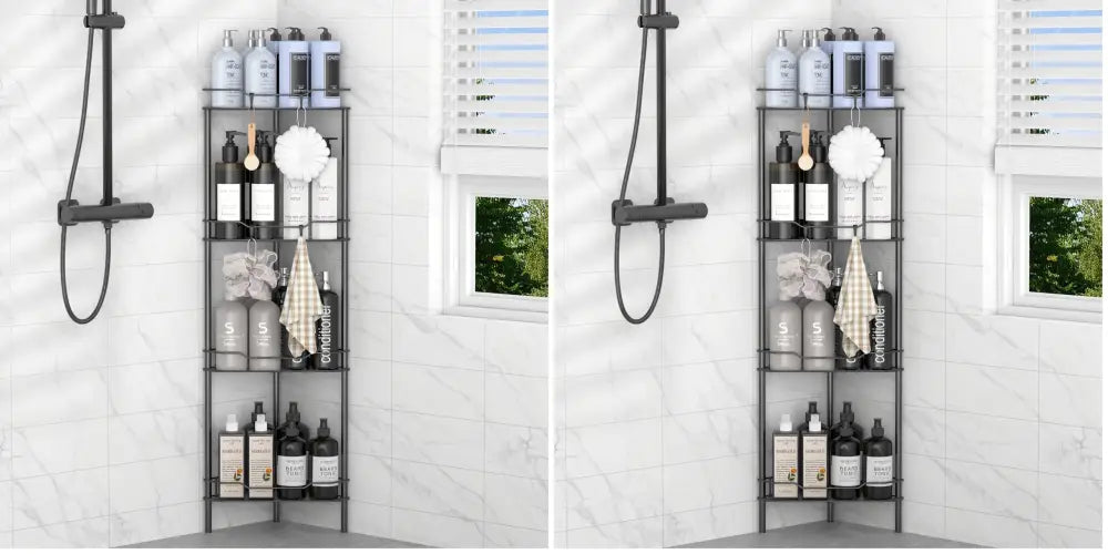 HuggieGems Floor Standing Shower Caddy in Jet Black or Gold – Elevated Bathroom Storage for Spa-Style Self-Care - 4