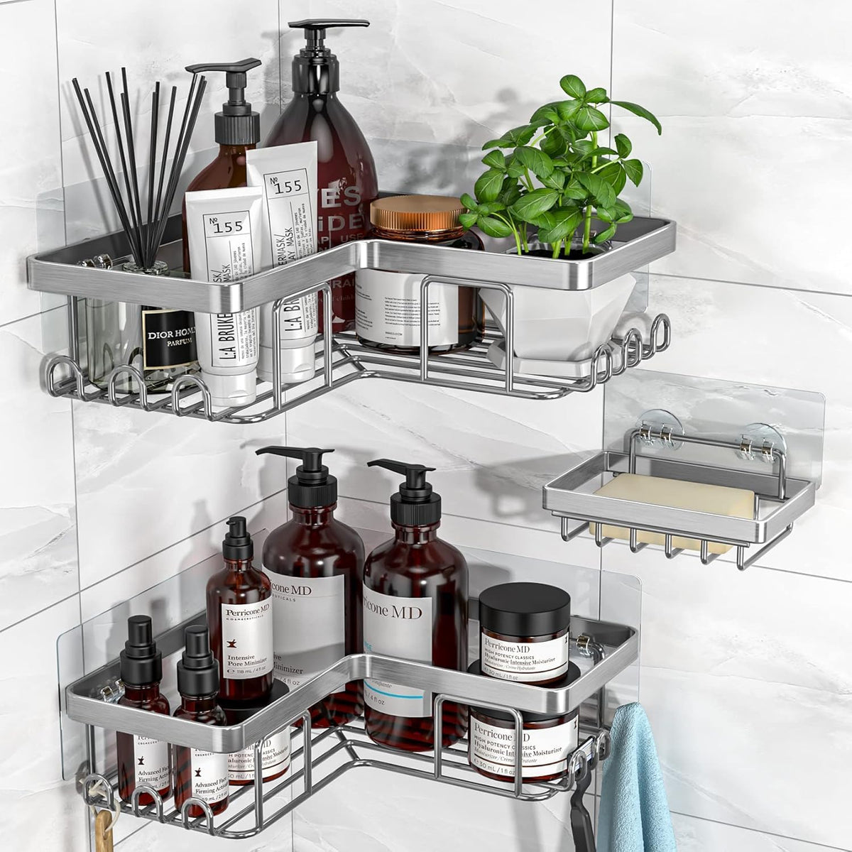 YASONIC Corner Bathroom Organizer – Calming Bath Space Storage with 12 Hooks, Adhesive Stainless Steel Caddy for Mindful Shower Routine