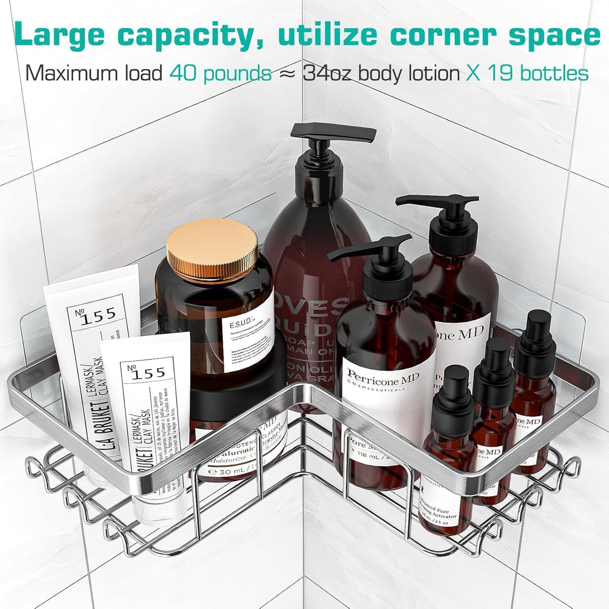 YASONIC Corner Bathroom Organizer – Calming Bath Space Storage with 12 Hooks, Adhesive Stainless Steel Caddy for Mindful Shower Routine