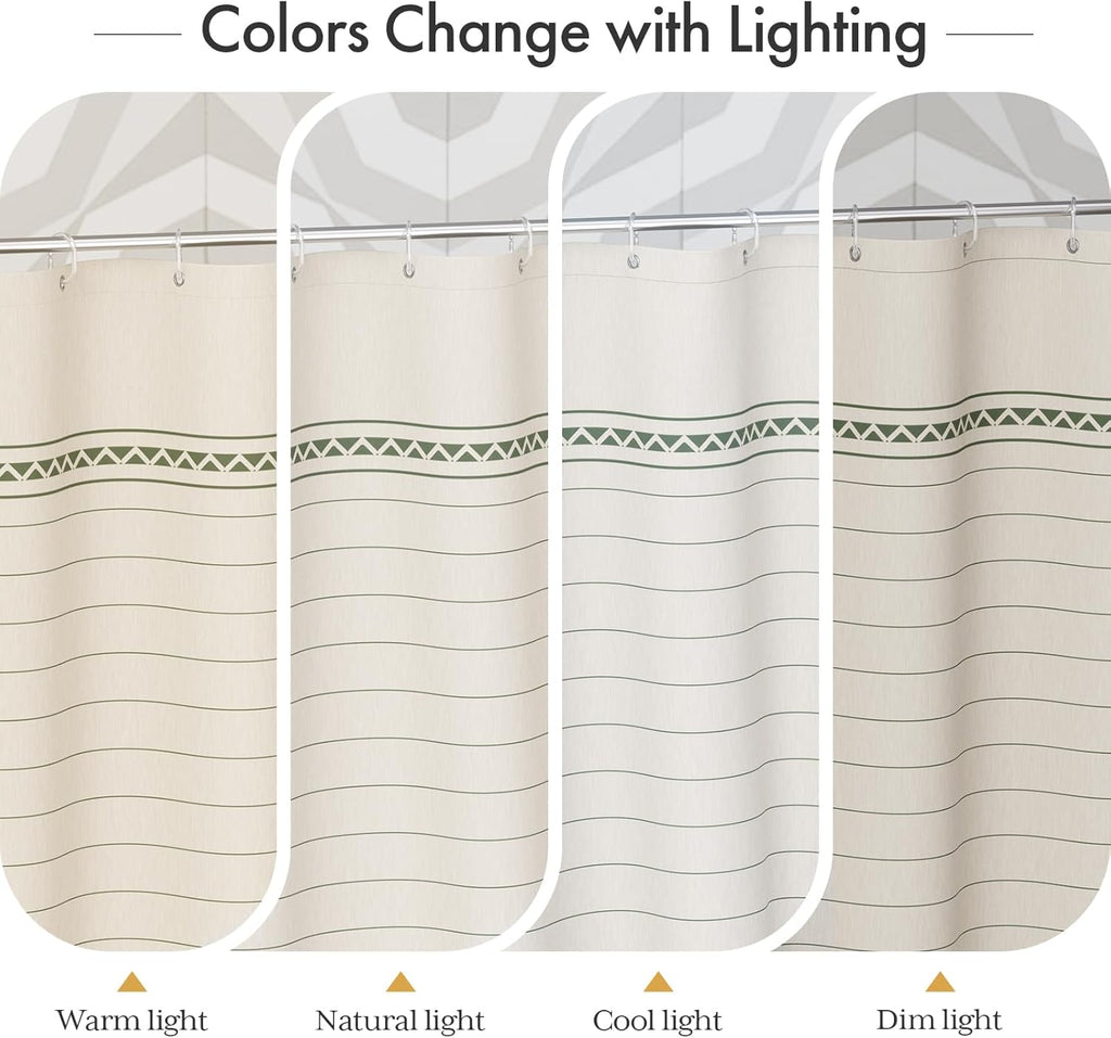 AmazerBath Boho Shower Curtain – Spa Like Bathroom Retreat for Calming Bath Time, Faux Linen Green Striped Curtain 72x72 with Hooks