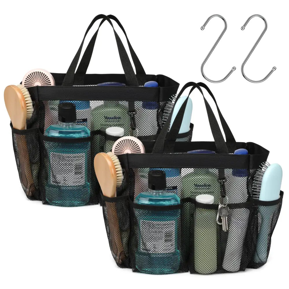 Mesh Shower Caddy Portable - Effortless Less-Is-More Bathroom Carry Collapsible Mesh Tote in Black - 2 Pack L Black - L