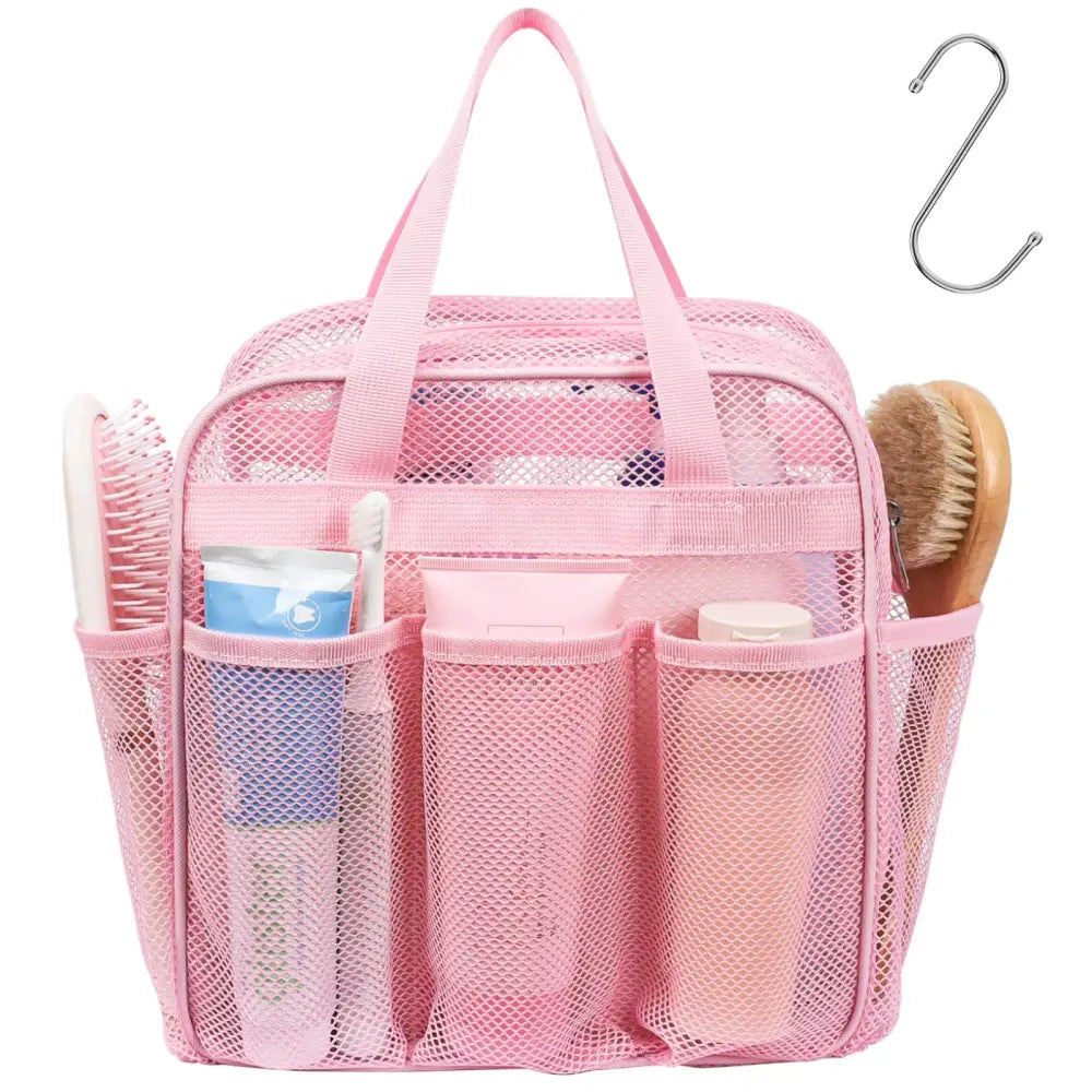 Mesh Shower Caddy Portable - Effortless Less-Is-More Bathroom Carry Collapsible Mesh Tote in Black - Pink with Zipper