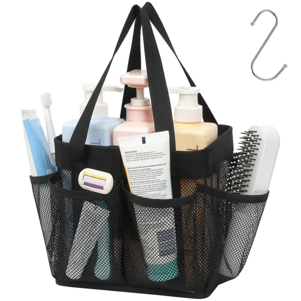 Mesh Shower Caddy Portable - Effortless Less-Is-More Bathroom Carry Collapsible Mesh Tote in Black - Black with Rigid