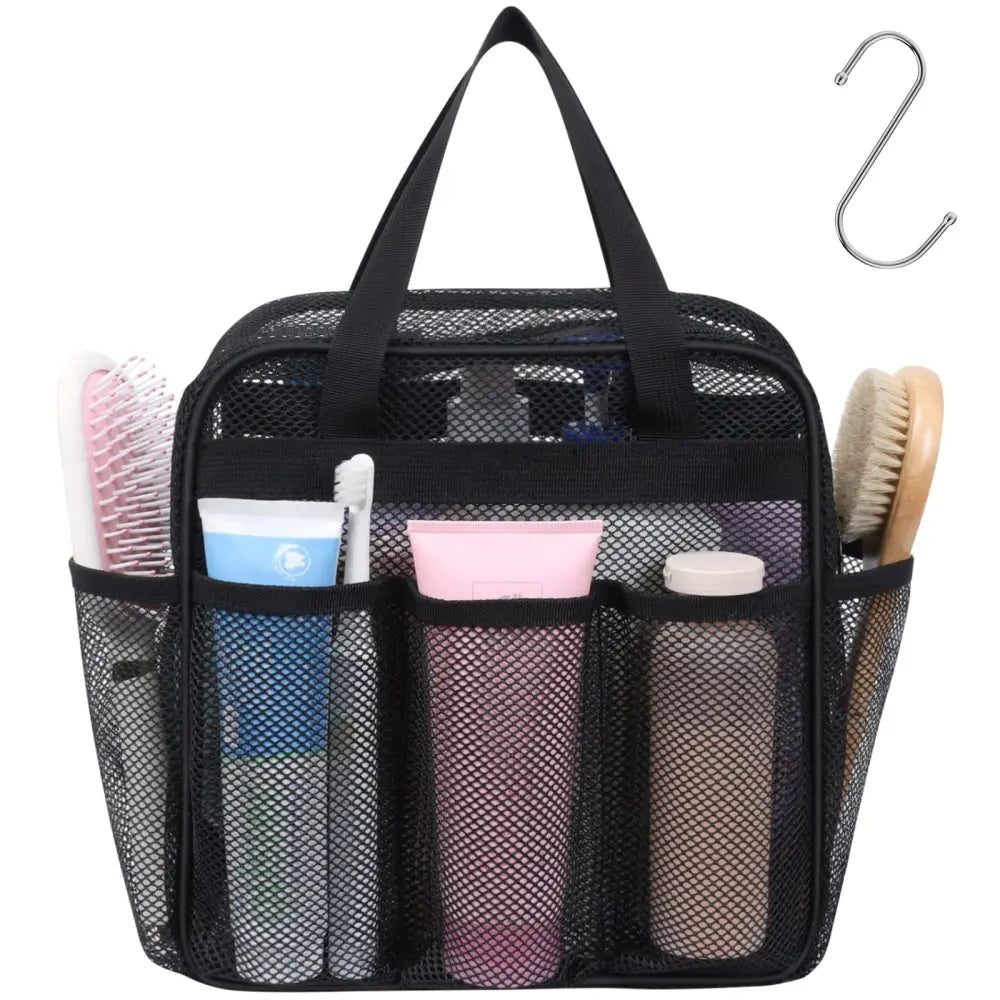 Mesh Shower Caddy Portable - Effortless Less-Is-More Bathroom Carry Collapsible Mesh Tote in Black - Black with Zipper