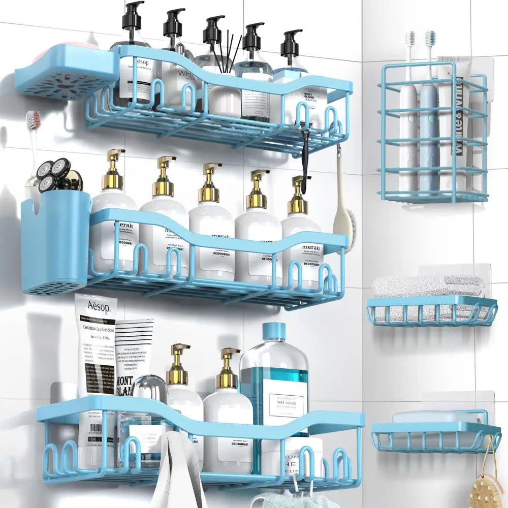 NESOMI 7-Pack Shower Caddy Adhesive – Thoughtful Holiday Gift for Mom with Coordinated 8-Piece Bathroom Set - Blue