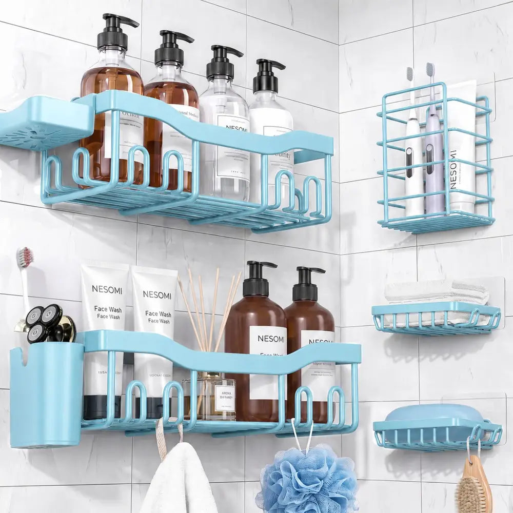 NESOMI 7-Pack Shower Caddy Adhesive – Thoughtful Holiday Gift for Mom with Coordinated 8-Piece Bathroom Set - Blue