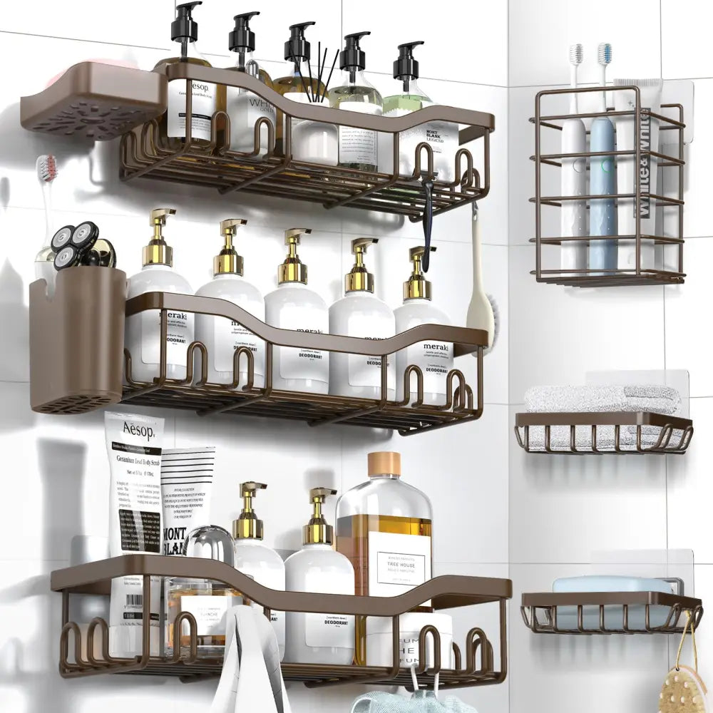 NESOMI 7-Pack Shower Caddy Adhesive – Thoughtful Holiday Gift for Mom with Coordinated 8-Piece Bathroom Set - Brown