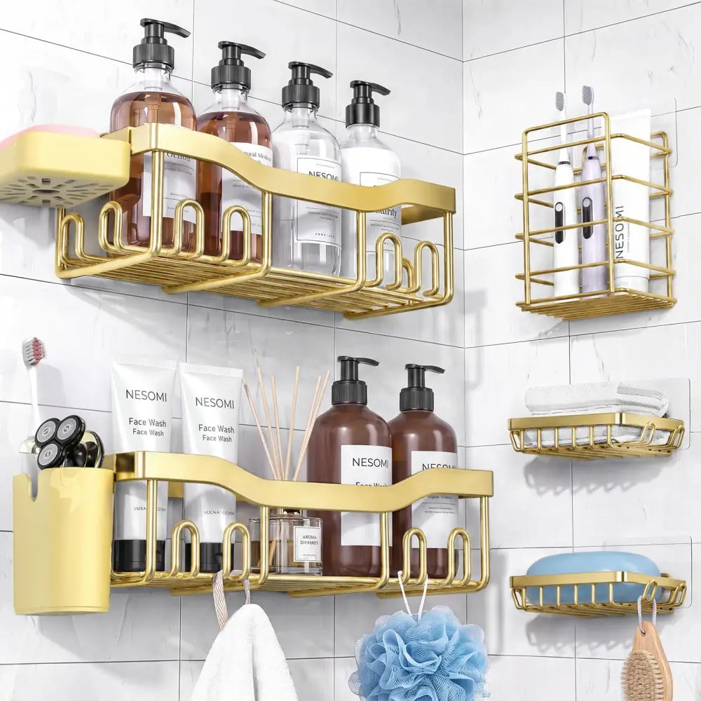 NESOMI 7-Pack Shower Caddy Adhesive – Thoughtful Holiday Gift for Mom with Coordinated 8-Piece Bathroom Set - Gold