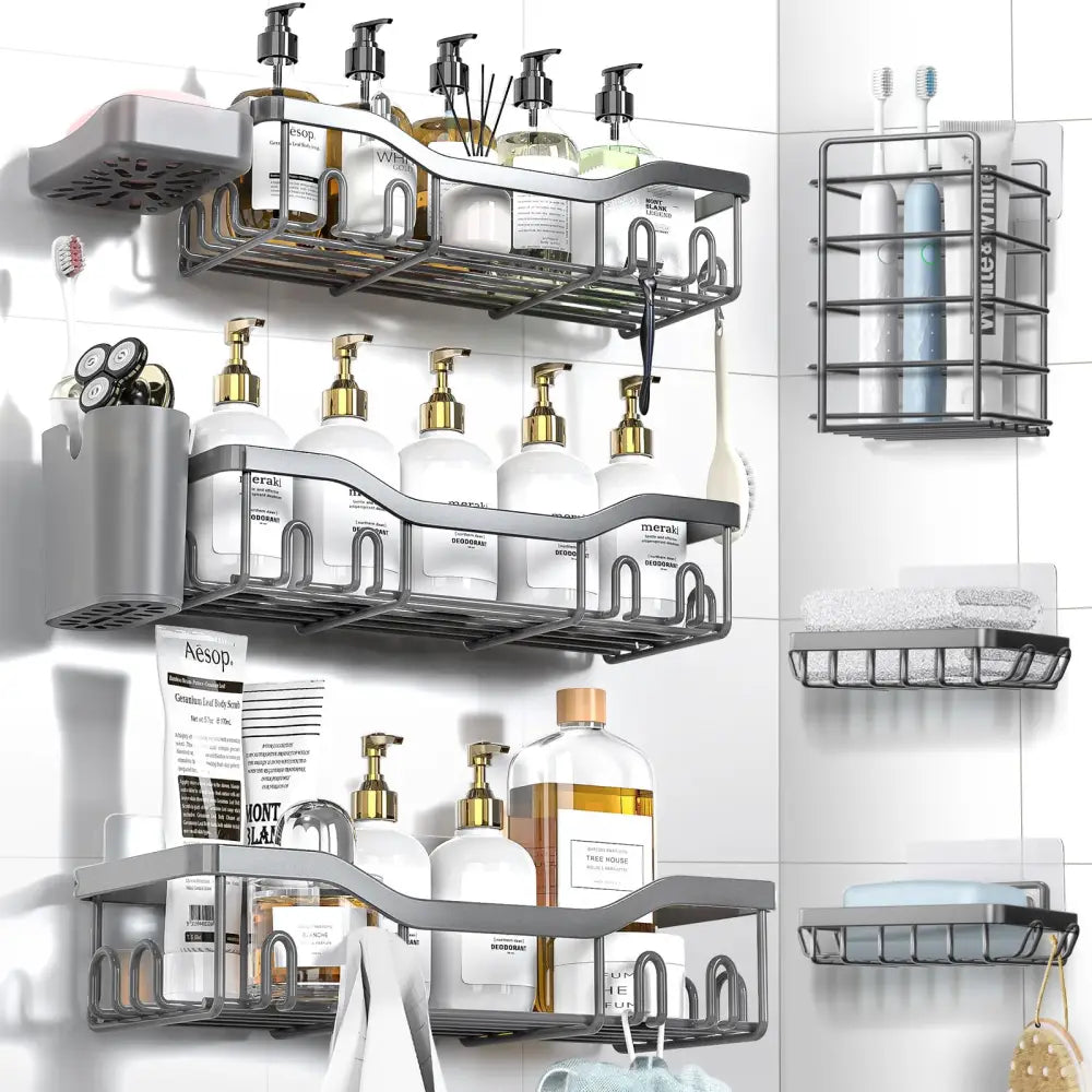 NESOMI 7-Pack Shower Caddy Adhesive – Thoughtful Holiday Gift for Mom with Coordinated 8-Piece Bathroom Set - Gray