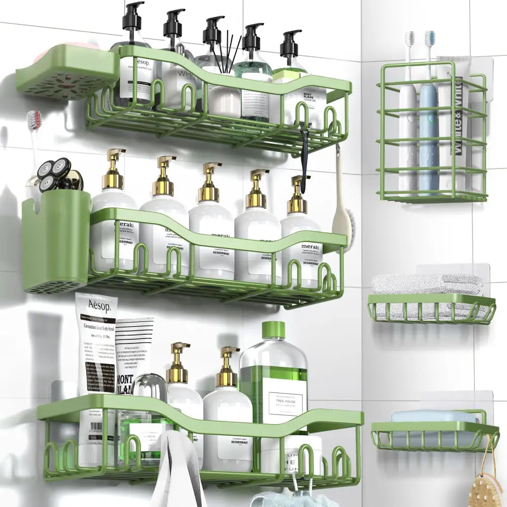 NESOMI 7-Pack Shower Caddy Adhesive – Thoughtful Holiday Gift for Mom with Coordinated 8-Piece Bathroom Set - Green