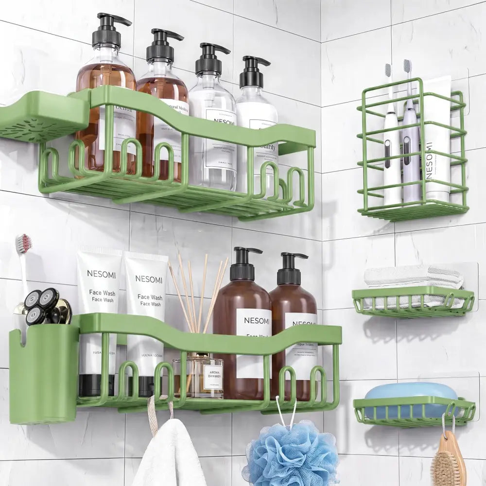 NESOMI 7-Pack Shower Caddy Adhesive – Thoughtful Holiday Gift for Mom with Coordinated 8-Piece Bathroom Set - Green