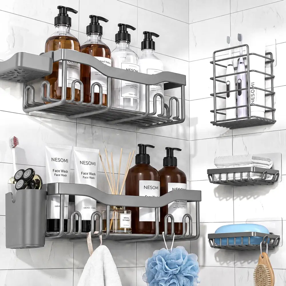 NESOMI 7-Pack Shower Caddy Adhesive – Thoughtful Holiday Gift for Mom with Coordinated 8-Piece Bathroom Set - Grey