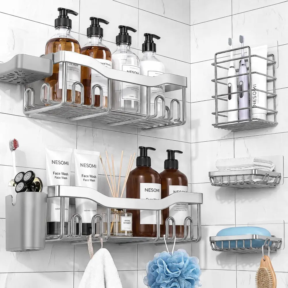NESOMI 7-Pack Shower Caddy Adhesive – Thoughtful Holiday Gift for Mom with Coordinated 8-Piece Bathroom Set - Silver
