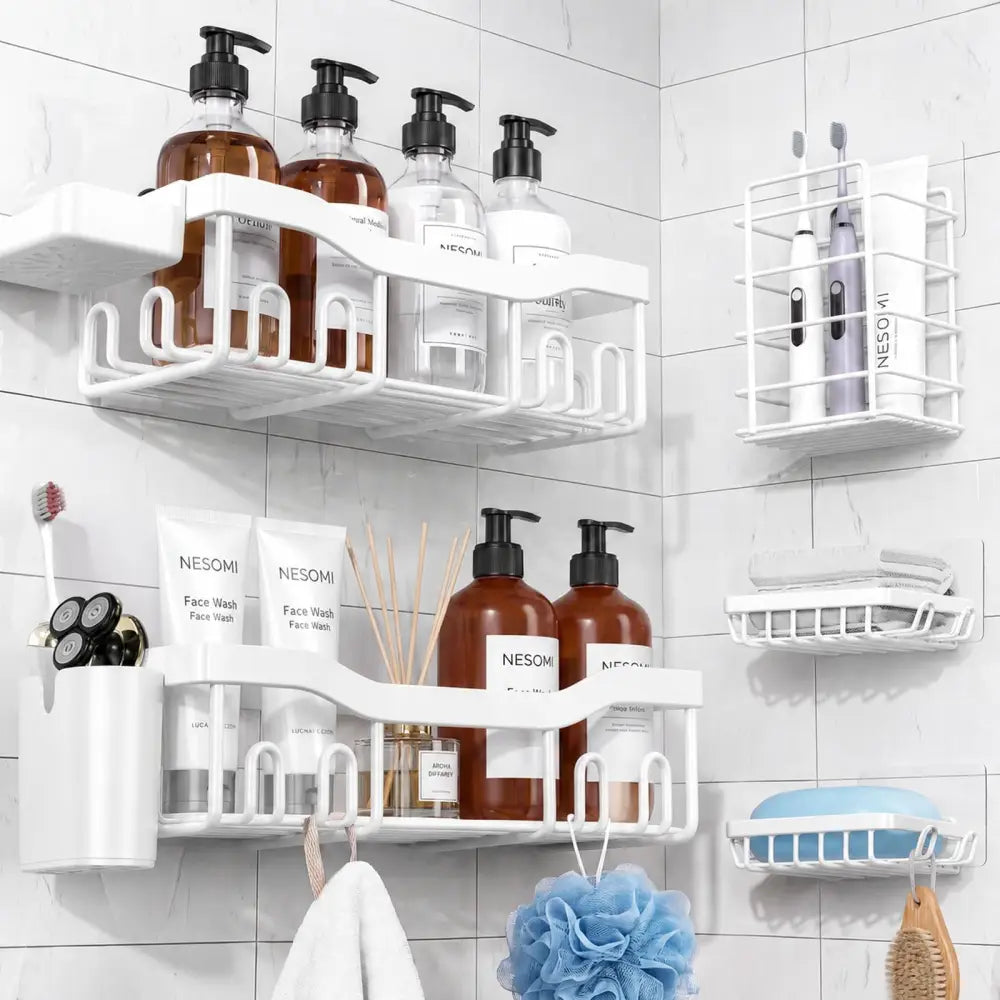 NESOMI 7-Pack Shower Caddy Adhesive – Thoughtful Holiday Gift for Mom with Coordinated 8-Piece Bathroom Set - White