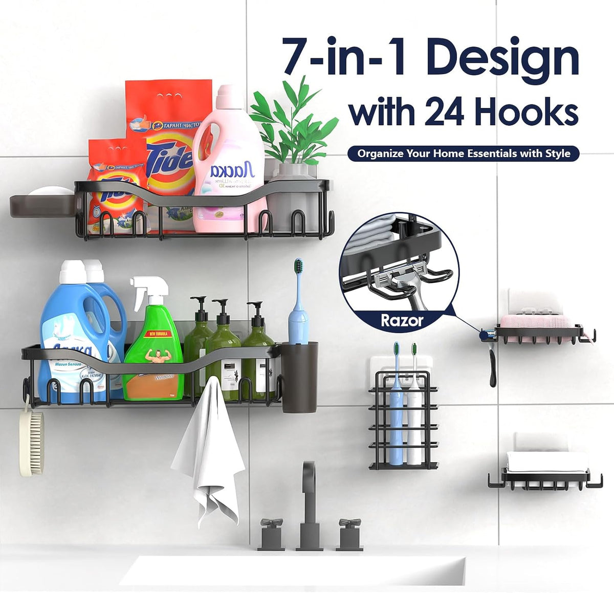 NESOMI 7-Pack Shower Caddy Adhesive – Thoughtful Holiday Gift for Mom with Coordinated 8-Piece Bathroom Set