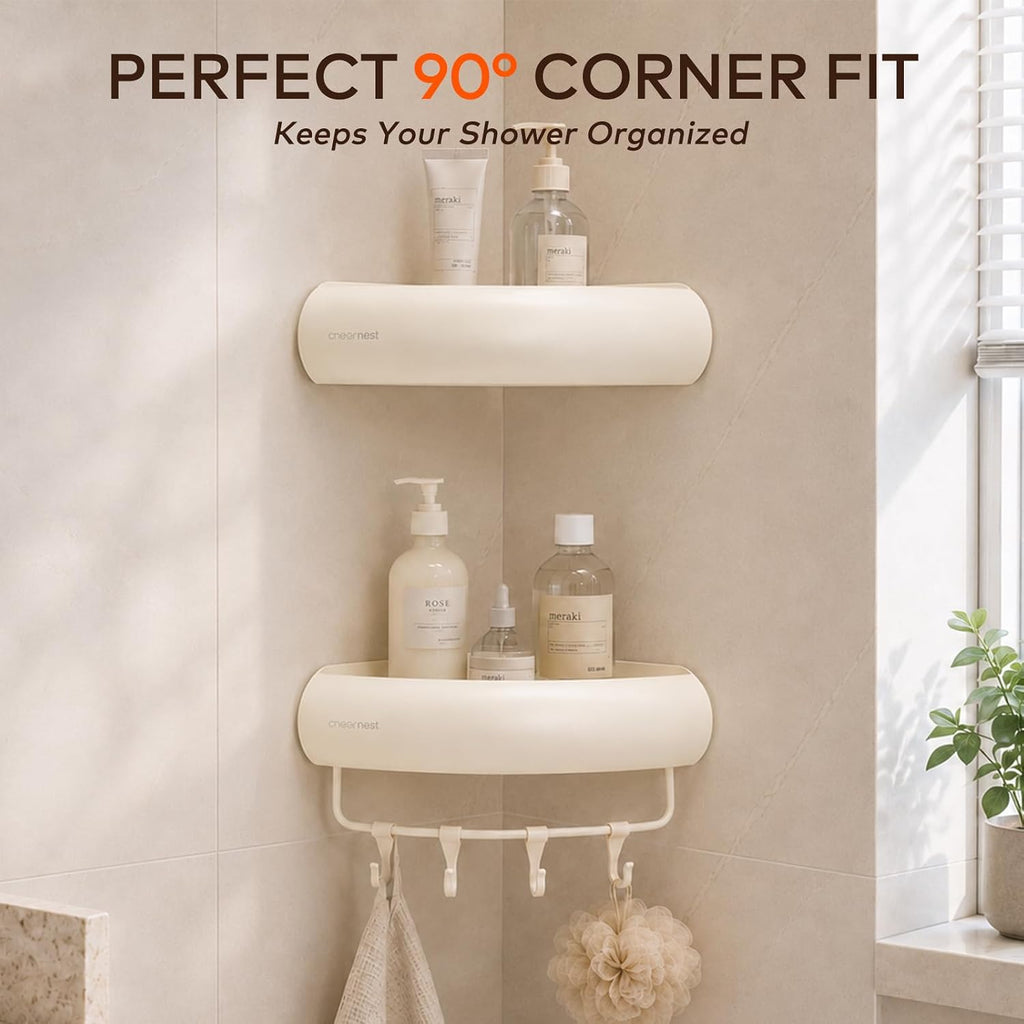 No-Damage Corner Shower Caddy 2 Pack Adhesive, Wall-Mounted Organizer | Drill-Free Storage for Landlord-Approved Bathrooms