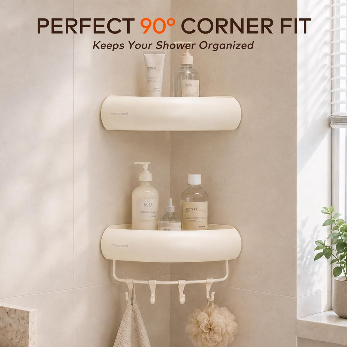 No-Damage Corner Shower Caddy 2 Pack Adhesive, Wall-Mounted Organizer | Drill-Free Storage for Landlord-Approved Bathrooms