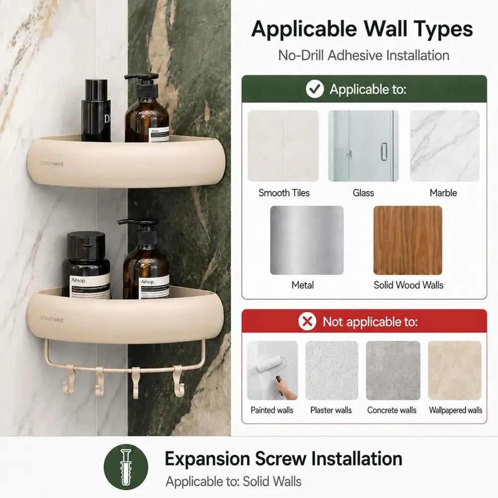 No-Damage Corner Shower Caddy 2 Pack Adhesive Wall-Mounted Organizer | Drill-Free Storage for Landlord-Approved