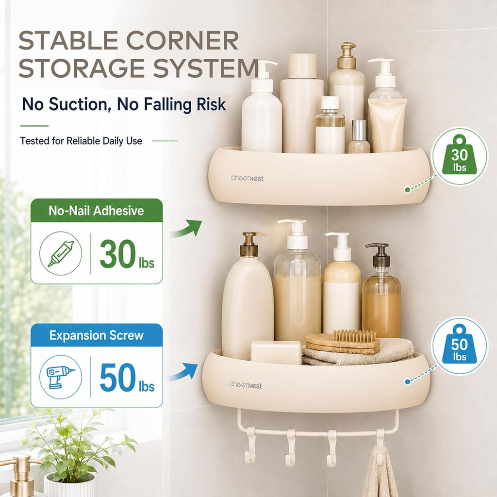 No-Damage Corner Shower Caddy 2 Pack Adhesive, Wall-Mounted Organizer | Drill-Free Storage for Landlord-Approved Bathrooms