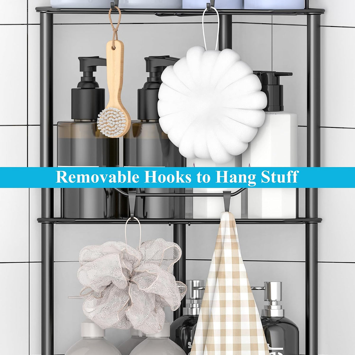 HuggieGems Floor Standing Shower Caddy in Jet Black or Gold – Elevated Bathroom Storage for Spa-Style Self-Care