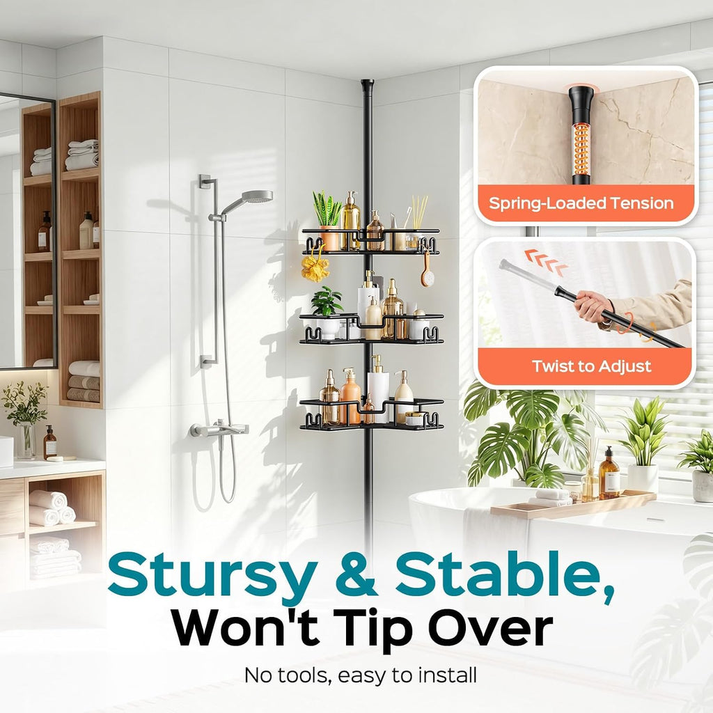 HAMITOR 4-Tier Corner Shower Caddy – Neutral Khaki Finish for Intentional, Calming Bathrooms
