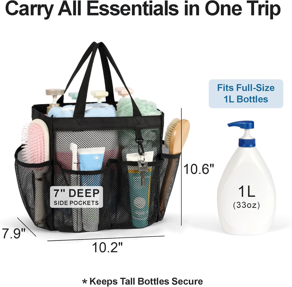 Mesh Shower Caddy Portable - Effortless Less-Is-More Bathroom Carry, Collapsible Mesh Tote in Black