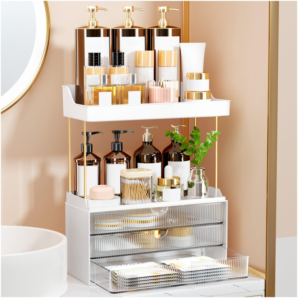 StorBin Gray Makeup Drawer Tower – Decorative Bathroom Counter Organizer Matching Modern Home Interiors