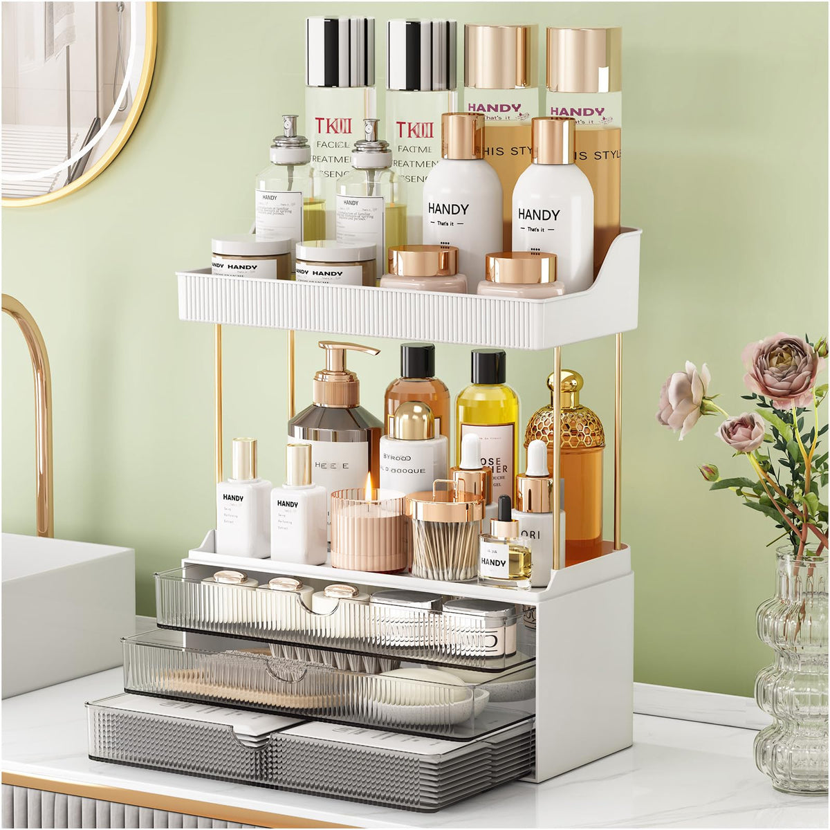 StorBin Gray Makeup Drawer Tower – Decorative Bathroom Counter Organizer Matching Modern Home Interiors