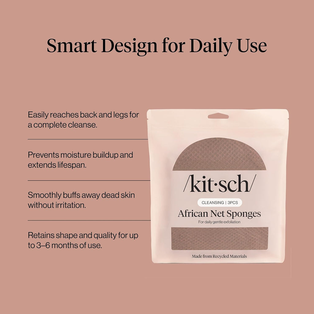 Kitsch African Net Sponge – Clean-Lined Shower Essential for Minimalist Bathrooms, Neutral-Toned Exfoliating Sponge Set