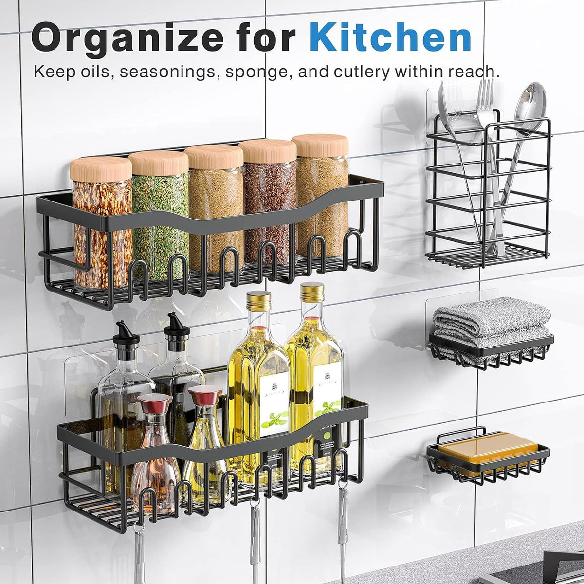EUDELE Adhesive Shower Caddy — Minimalist Bathroom Storage Set, Clean Lines, No-Drill Stainless Steel